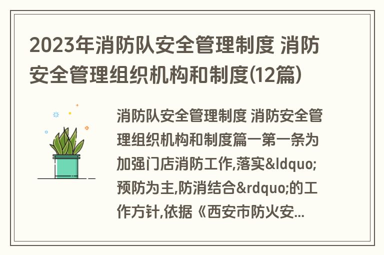 2023年消防队安全管理制度 消防安全管理组织机构和制度(12篇)