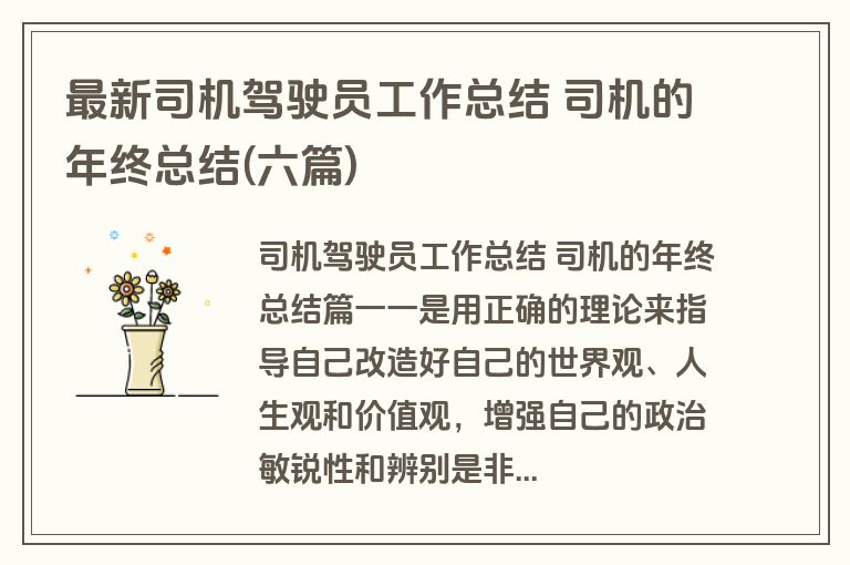 最新司机驾驶员工作总结 司机的年终总结(六篇)