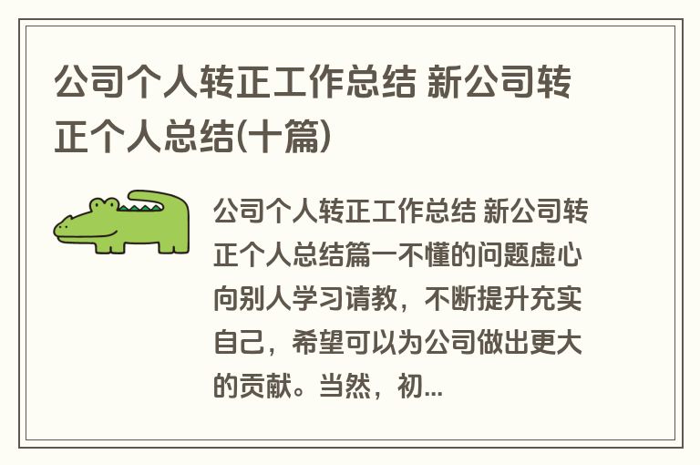 公司个人转正工作总结 新公司转正个人总结(十篇)