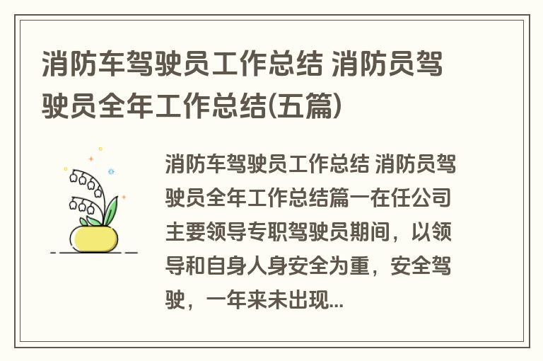 消防车驾驶员工作总结 消防员驾驶员全年工作总结(五篇)