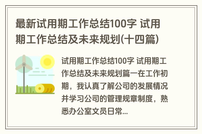 最新试用期工作总结100字 试用期工作总结及未来规划(十四篇)