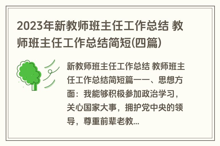 2023年新教师班主任工作总结 教师班主任工作总结简短(四篇)