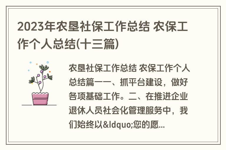 2023年农垦社保工作总结 农保工作个人总结(十三篇)