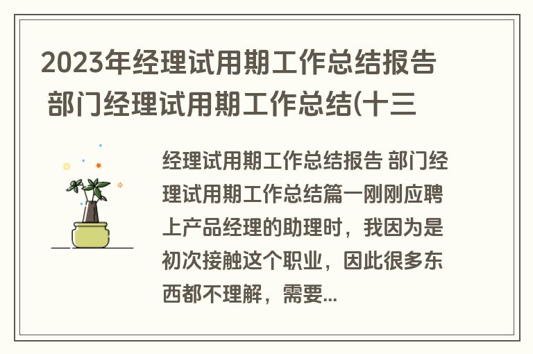 2023年经理试用期工作总结报告 部门经理试用期工作总结(十三篇)