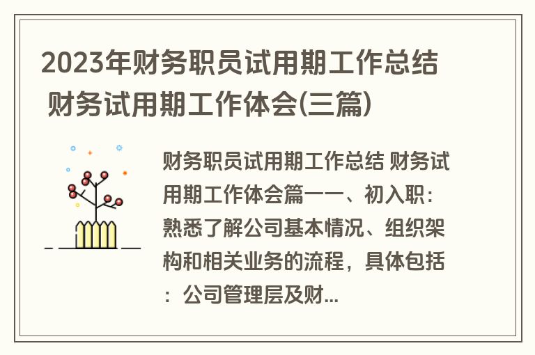 2023年财务职员试用期工作总结 财务试用期工作体会(三篇)