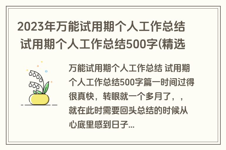 2023年万能试用期个人工作总结 试用期个人工作总结500字(精选17篇)
