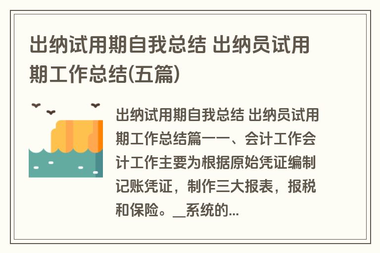 出纳试用期自我总结 出纳员试用期工作总结(五篇)
